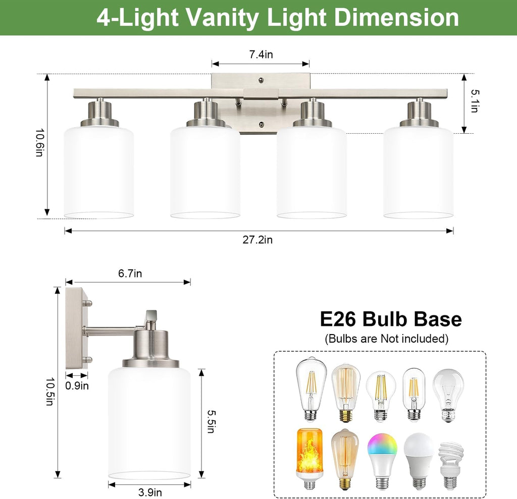 4-Light Vanity Light with Milky White Shades, Brushed Nickel Bathroom Lighting Fixtures Over Mirror, Modern Bathroom