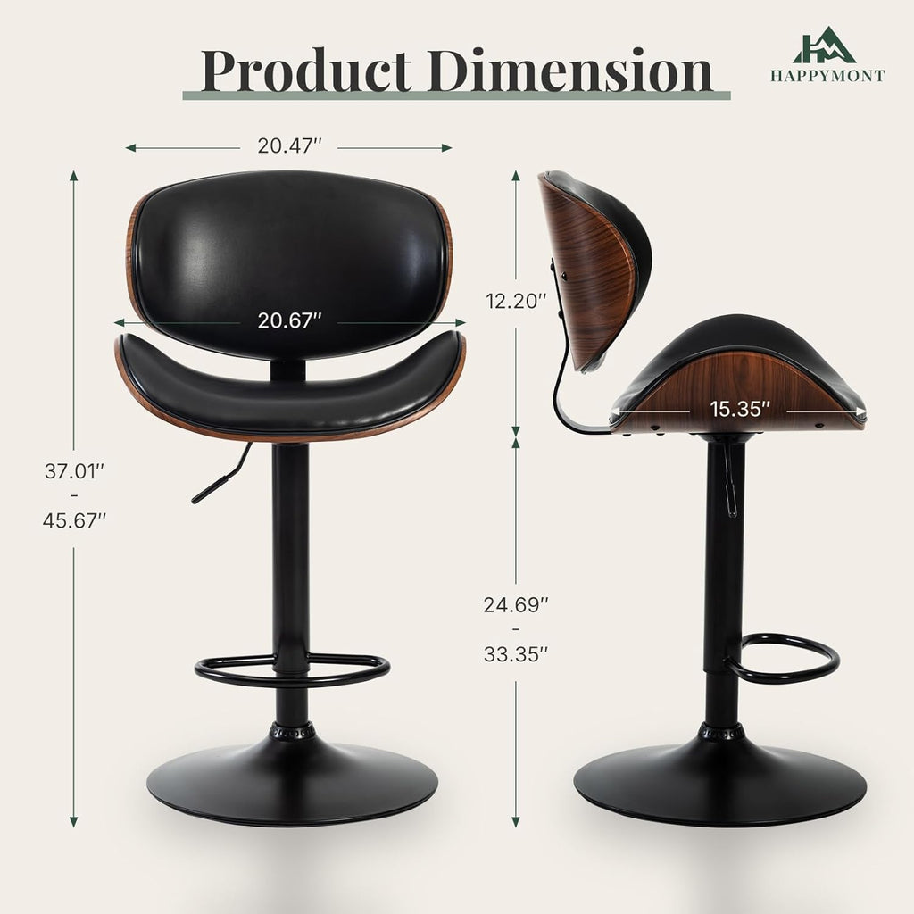 Swivel Bar Stools Set of 4 with Removable Back, Adjustable Height 37-45 Inch Bentwood Barstools, PU Leather