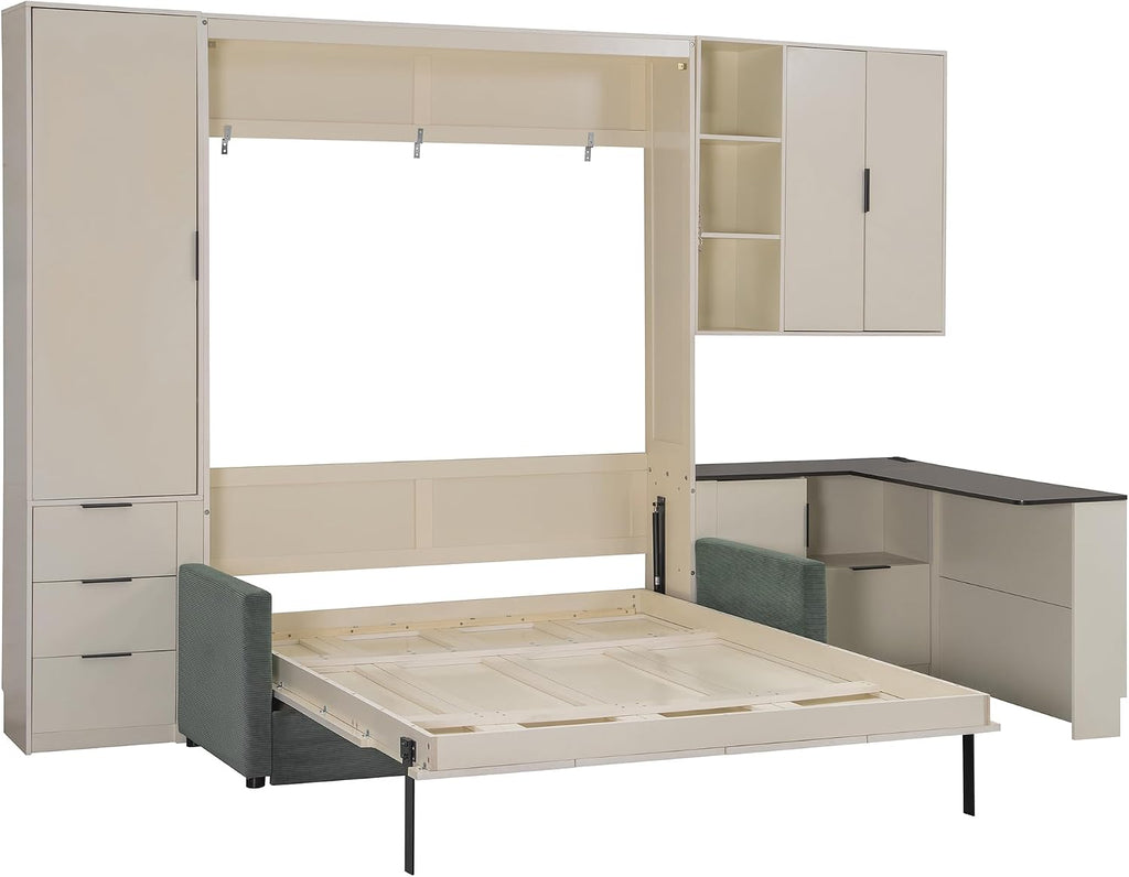 Queen Foldable Murphy Bed with Sofa and Desk, Wall Cabinet Bed with Hydraulic Storage, Shelves & Drawers, LED/USB