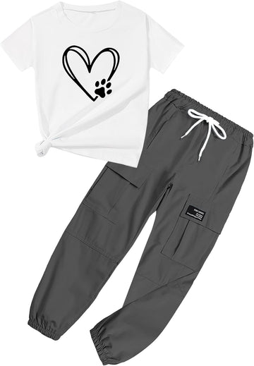 Girls' 2 Piece Outfits Drawstring Jogger Pants and Graphic Short Sleeve T-shirt Set