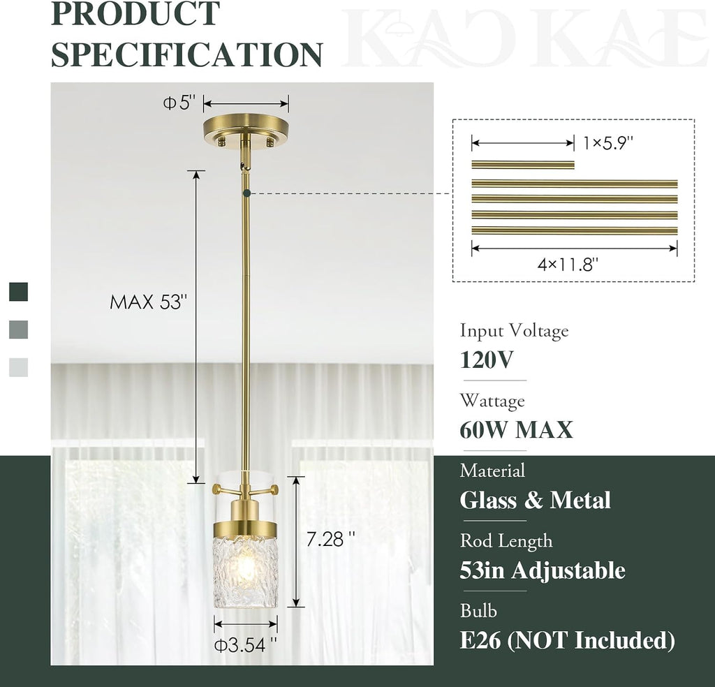 Glass Pendant Light Kitchen Island Brush Gold Modern Pendant Light Fixture with Water Ripple Glass 1-Light Mini