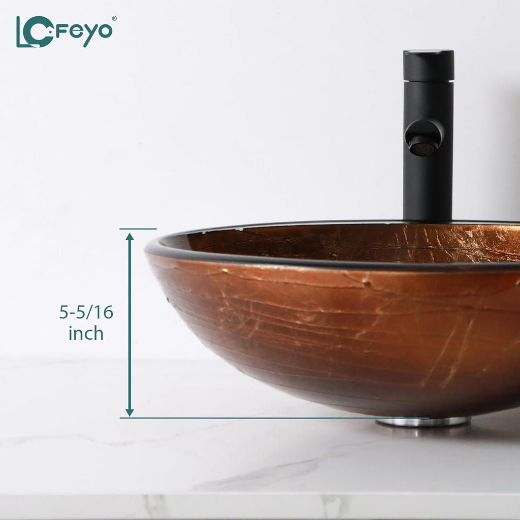 Small Bathroom Sink 17" Brwon Glass Vessel Sink With Faucet And Drain Combo Modern Round Shape Artistic Basin Bathroom