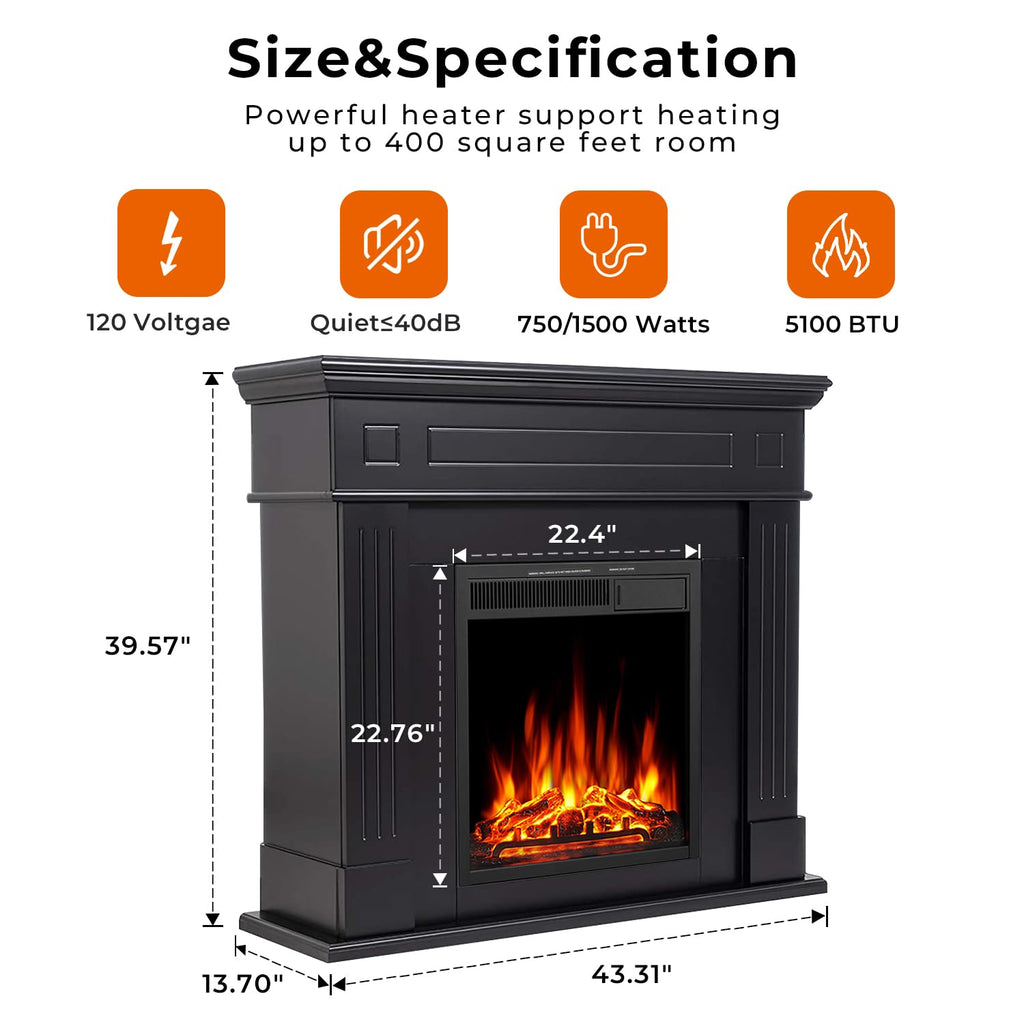 43'' Electric Fireplace with Mantel, Black