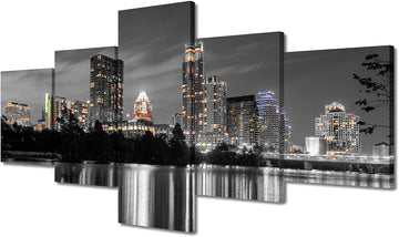 Austin Skyline Black and White Wall Art City Skyscraper Panoramic Wall Decorations Modern 5 Piece Texas Cityscape