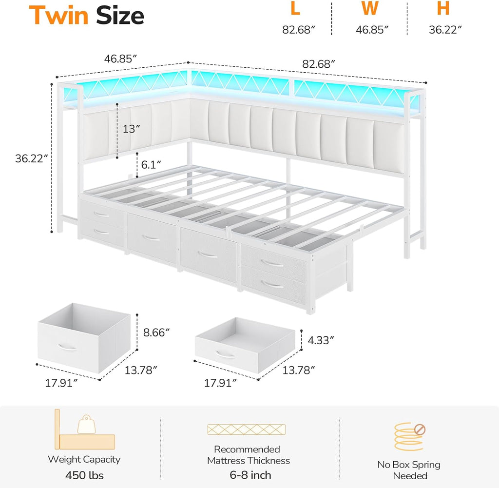 Twin Corner Bed Frame with 6 Storage Drawers and Upholstered Guardrail, Charging Station Twin Size Platform Bed Frame