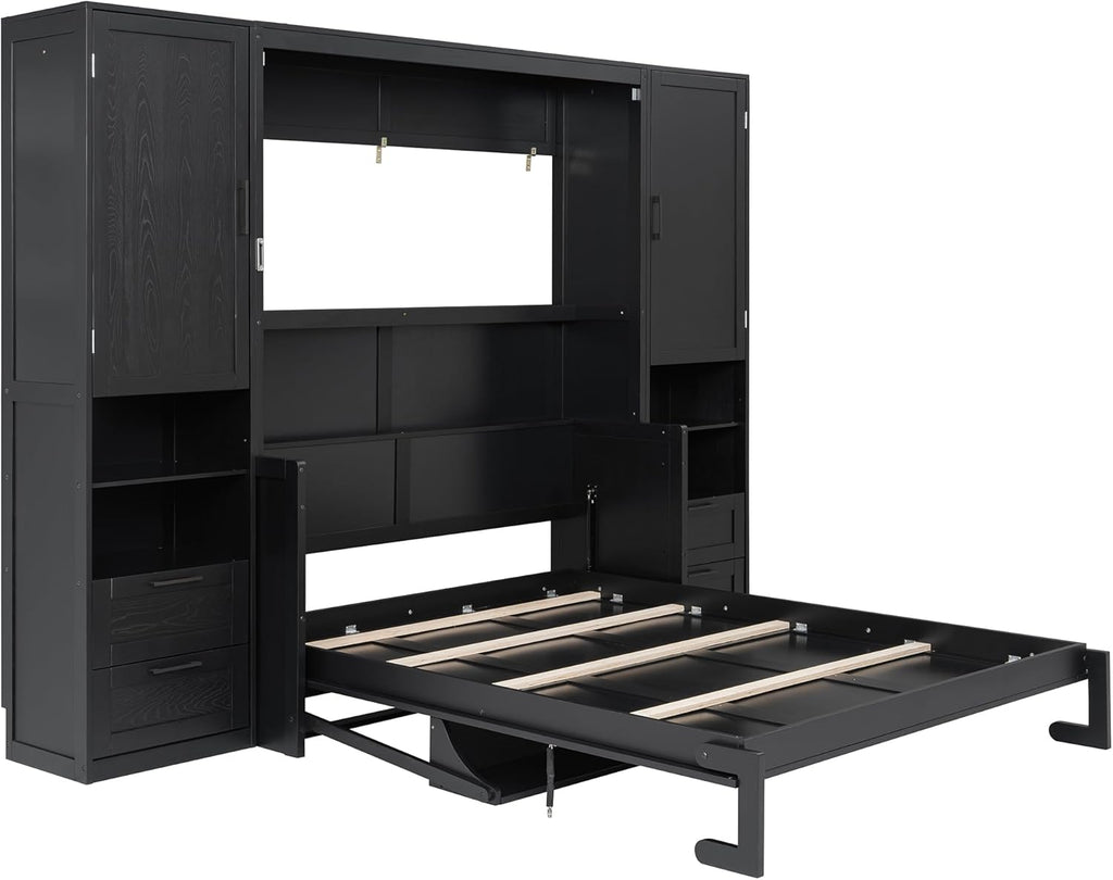 Queen Murphy Bed with Desk, Multifunctional Foldable Wall Bed with Closet, Drawers and Shelves, Space-Saving Wood Bed