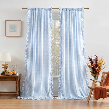 72 Inch Baby Blue Buffalo Plaid Ruffle Window Curtains Rod Pocket