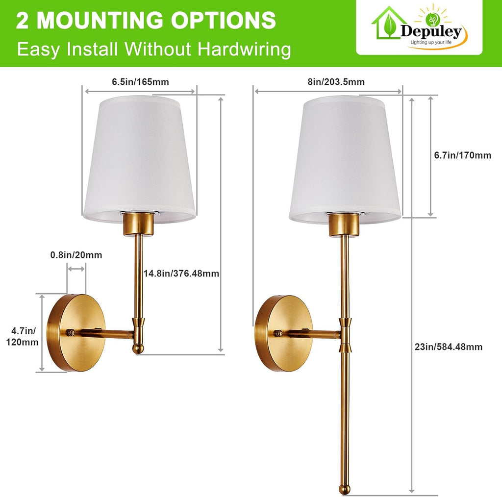 Battery Operated Wall Sconce: Set of 2 Wireless Wall Lights with 10000mAh Dimmable Bulbs and Remote for Bedroom