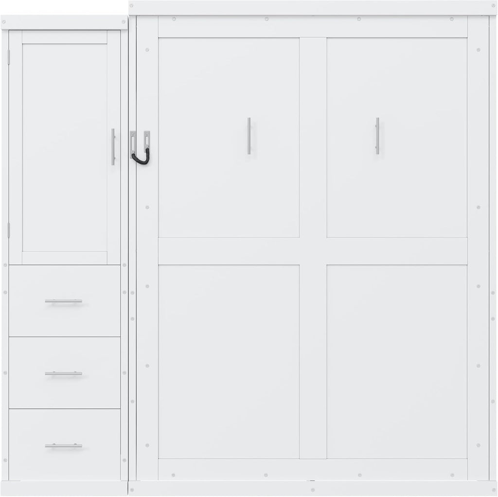 Full Murphy Bed with Storage, Wood Hideaway Wall Bed Frame with 3 Drawers & Wardrobe, Space-Saving Murphy Bed Cabinet