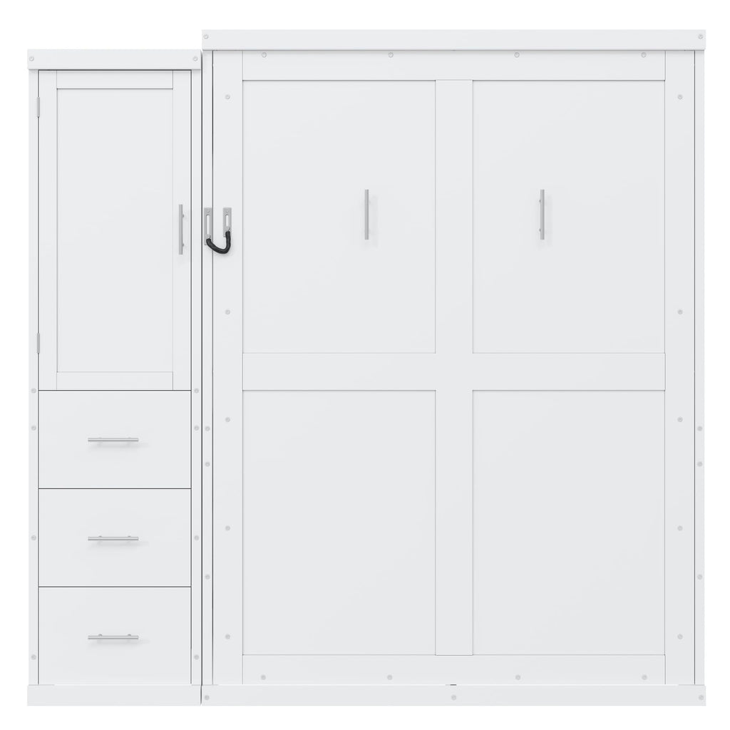 Full Murphy Bed with Storage Cabinet, Foldable Space-Saving Wood Wall Bed Frame with Wardrobe and 3 Drawers, Hidden