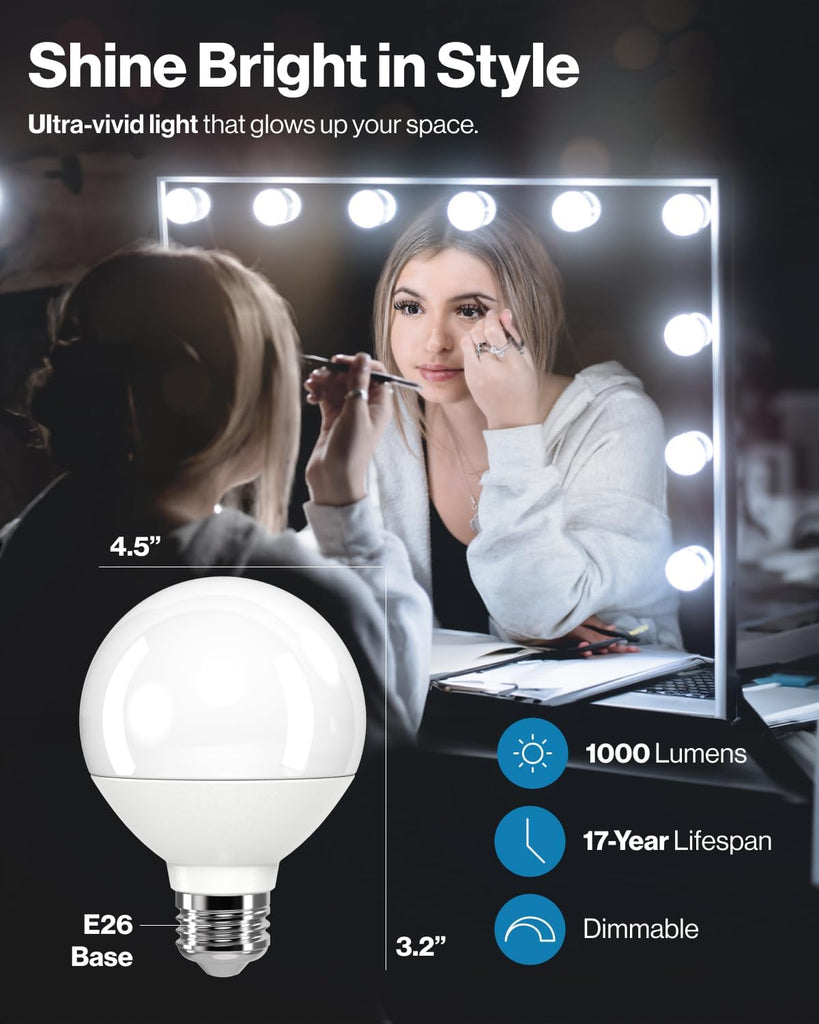 G25 LED Light Bulbs, Globe Vanity Lights for Bathroom High Output, 1000 LM, 11W (100W Equivalent), 5000K Daylight (4 Pack)