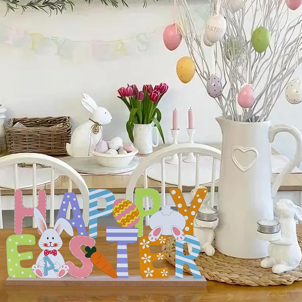 Easter Decorations, Wood Metal Happy Easter Sign for Table Decor, Farmhouse Rustic Easter Bunny Decorations, Mantel