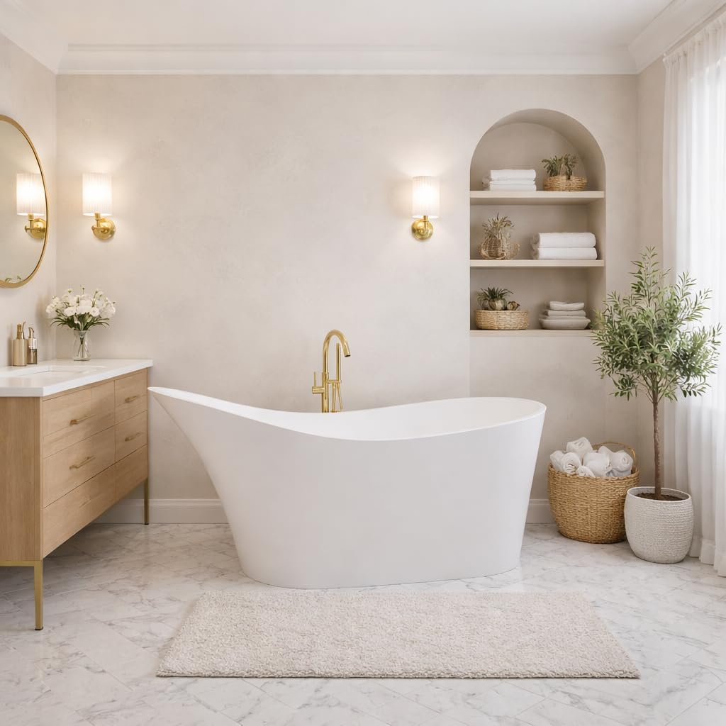 Tuasavi Series 68 in. x 29 in. Flat Bottom Solid Surface Freestanding Soaking Bathtub with Center Drain in Matte White