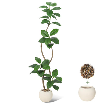 6 ft Artificial Plant Rubber Tree with off wh ite Sphere Resin Planter & Stone Faux Fiddle Leaf Fig Tree Indoor