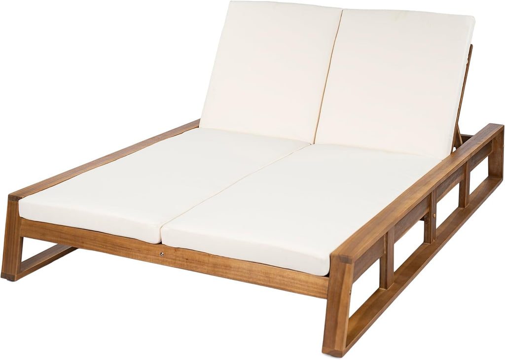 Acacia Wood Outdoor Double Chaise Lounge with Adjustable Backrest Patio Daybed with Thick Cushions Backyard Balcony