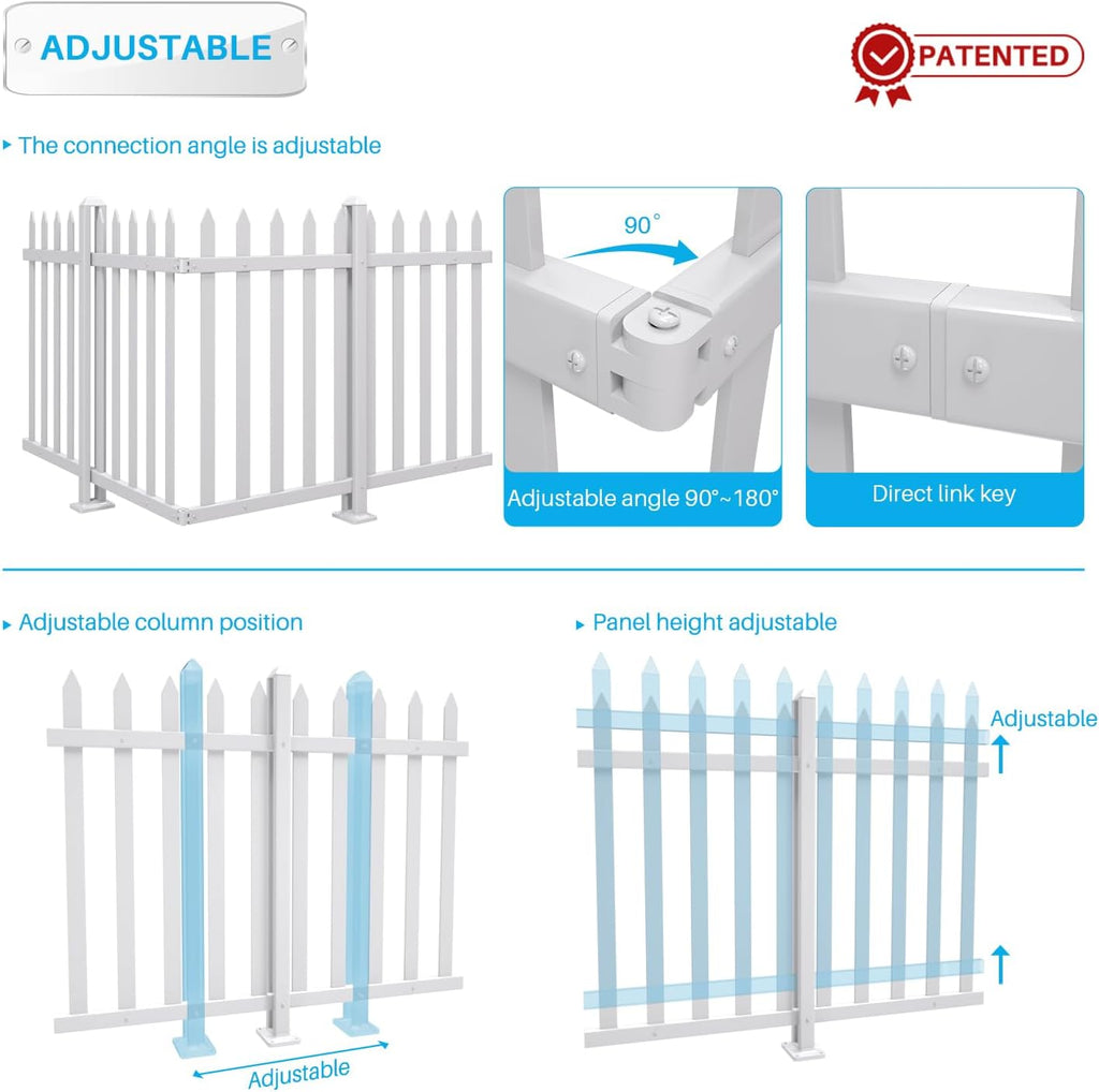 Vinyl Fence 4 Sets 38.6" H x 84" L Picket Fence Panels White PVC Decorative Fence for Front Yard Porch Garden Fence