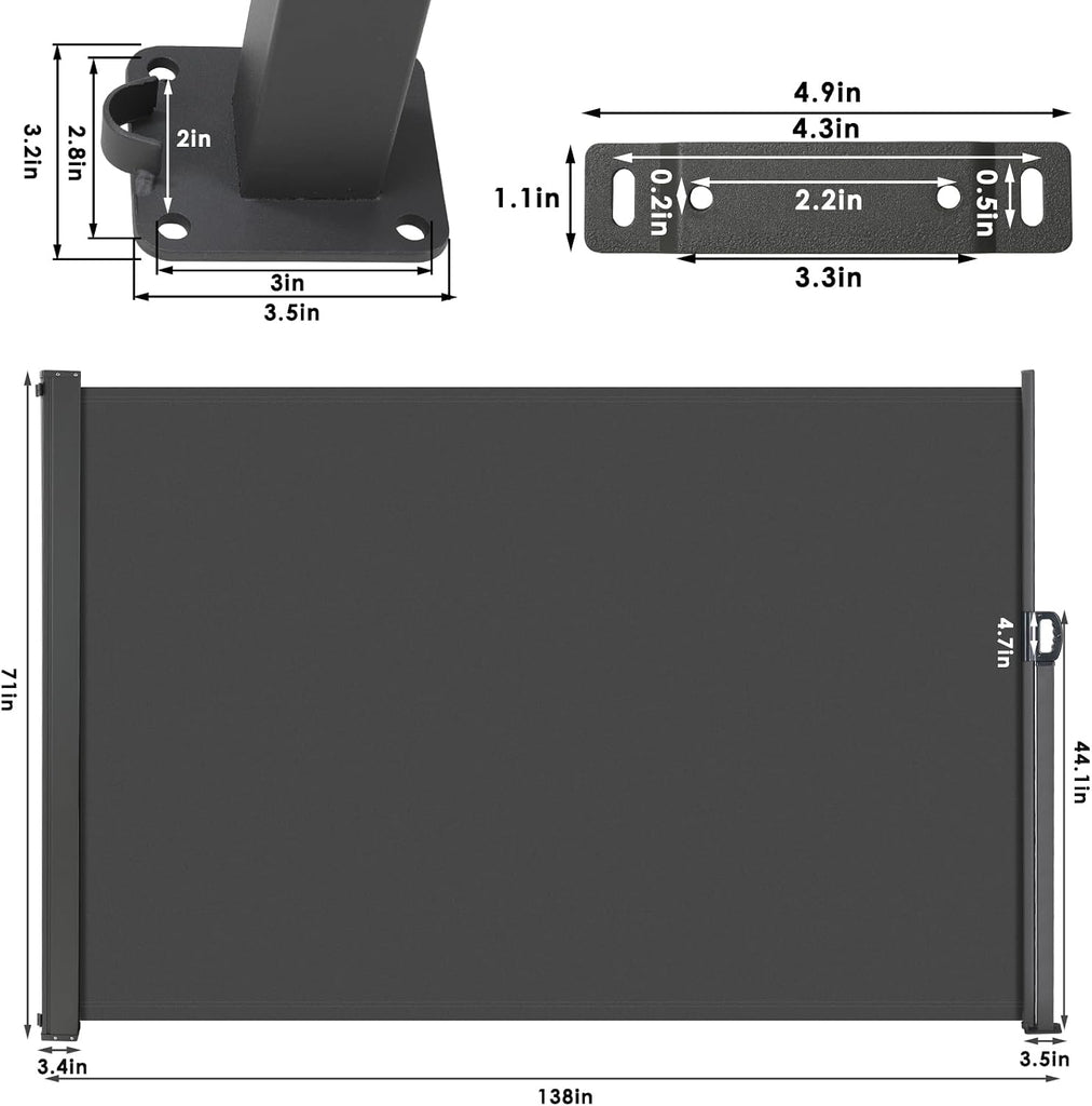 138" x 71" Retractable Side Awning, Patio Privacy Screen | UV Resistant Waterproof Patio Retractable Side Screen for