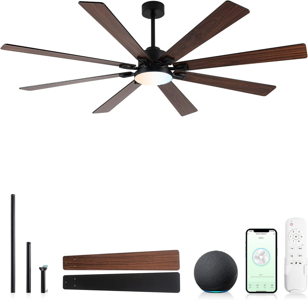 72 Inch Large Smart Ceiling Fan with Light and Alexa/APP(via WiFi),Black Indoor Outdoor Ceiling with Remote ,6 Speed