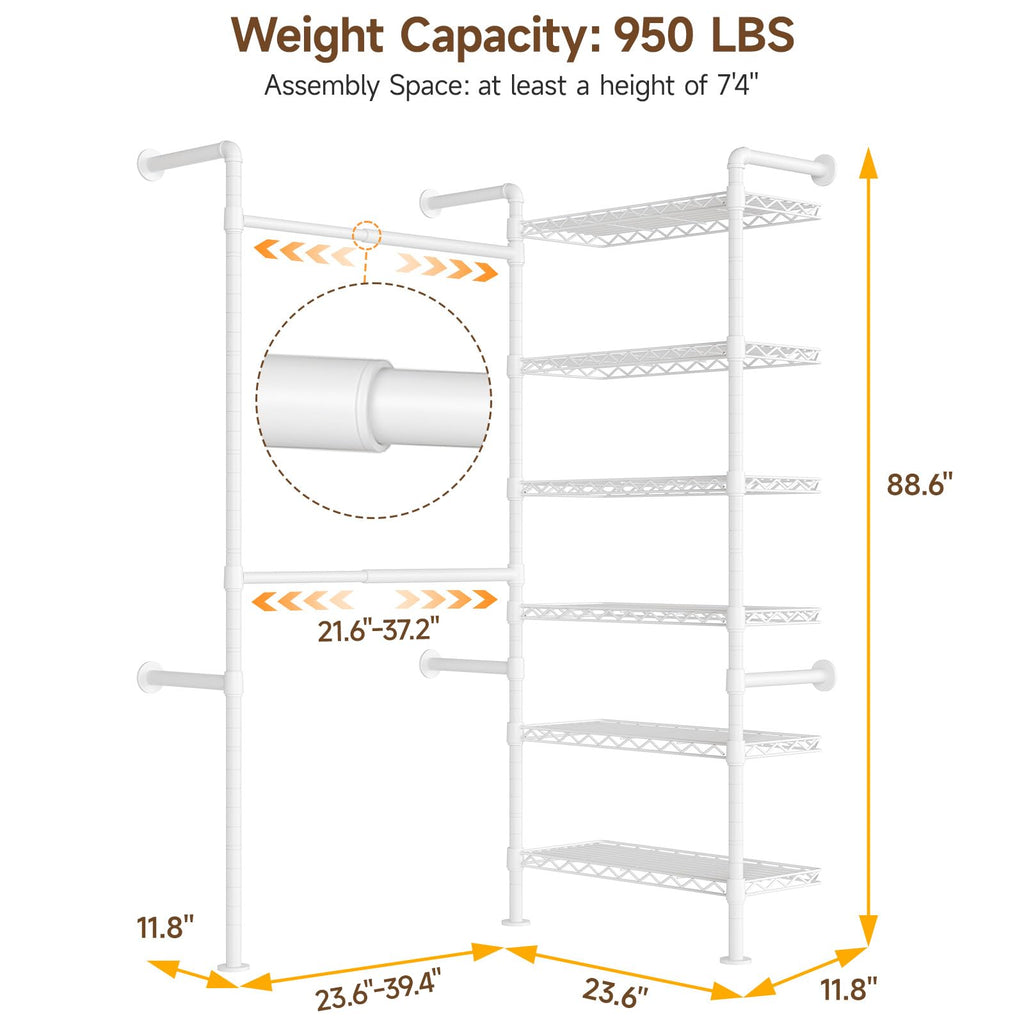 L2 Wall Mounted Closet System, Industrial Pipe Clothing Rack, White