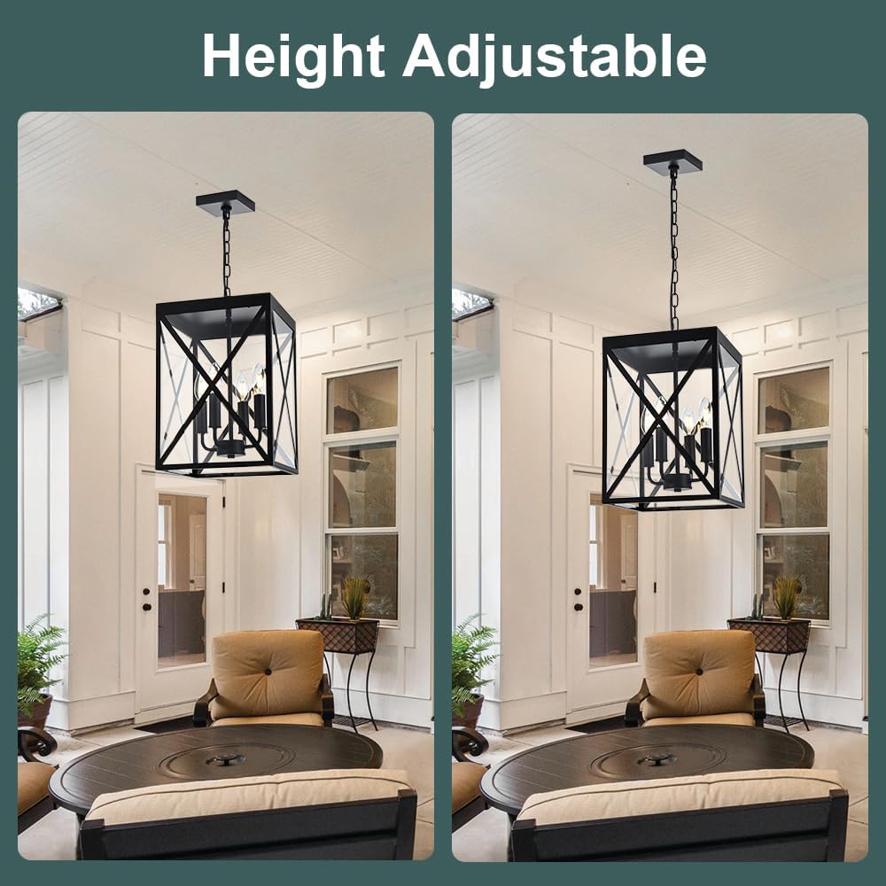 Black Outdoor Pendant Light 4 Lights Outside Pendant Hanging Light Fixture Ceiling Mount with Clear Glass Industrial