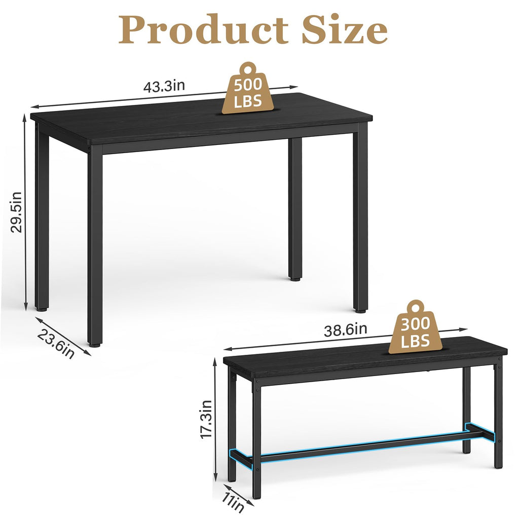 Dining Table Set for 4, 3-Piece Kitchen Table with 2 Benches, Black
