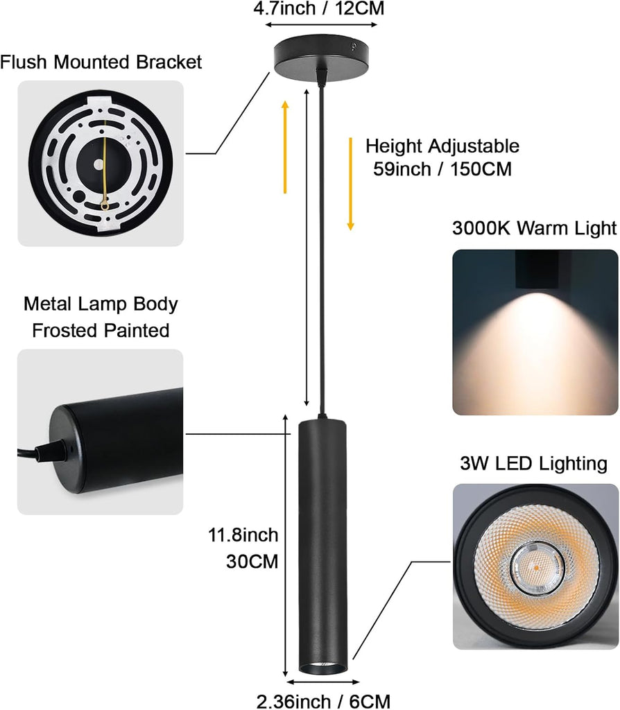 Modern Black Pendant Lights 2 Pack, LED Minimalist Pendant Lighting Fixture for Kitchen Island, Long Tube Hanging