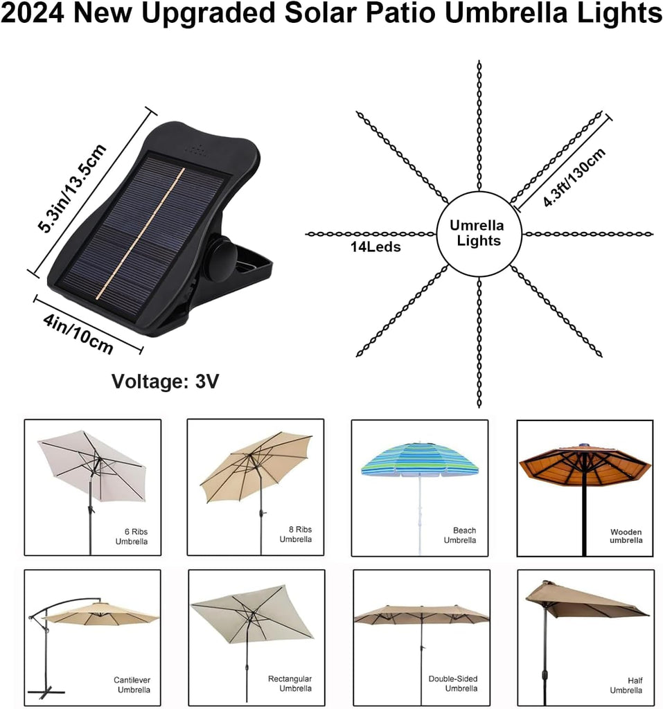 Solar Umbrella Lights Outdoor, Waterproof Solar Powered Patio Umbrella Lights Cordless 8 Modes LED Umbrella Patio