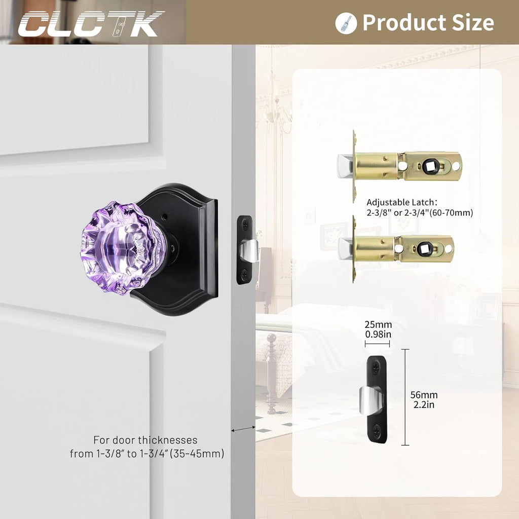 Purple Glass Door Knobs Interior with Lock, Matte Black Crystal Privacy Door Knobs Bathroom, 1 Pack