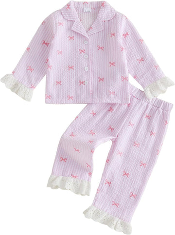 Baby Girl Pajamas Set Bow Long Sleeve Button Down Shirt Top Pants Kids Toddler Two Piece Pjs Set Sleepwear Fall Winter