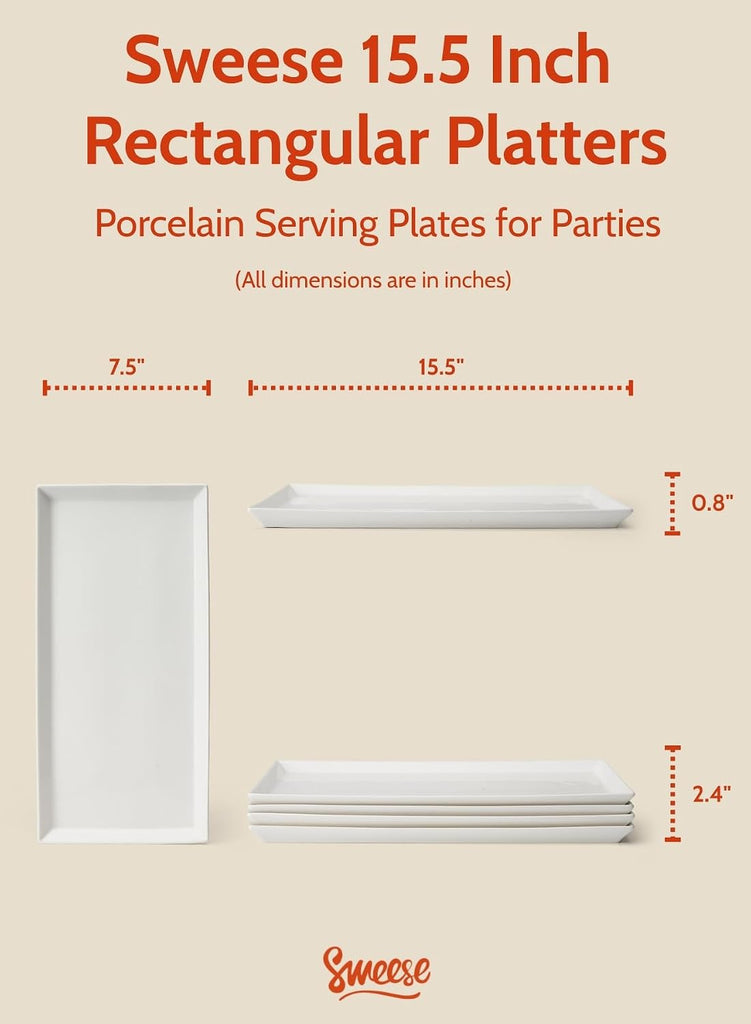 White Serving Platters, Porcelain Serving Trays for Parties, Large Rectangular Plates - 15.5 Inch, Set of 4