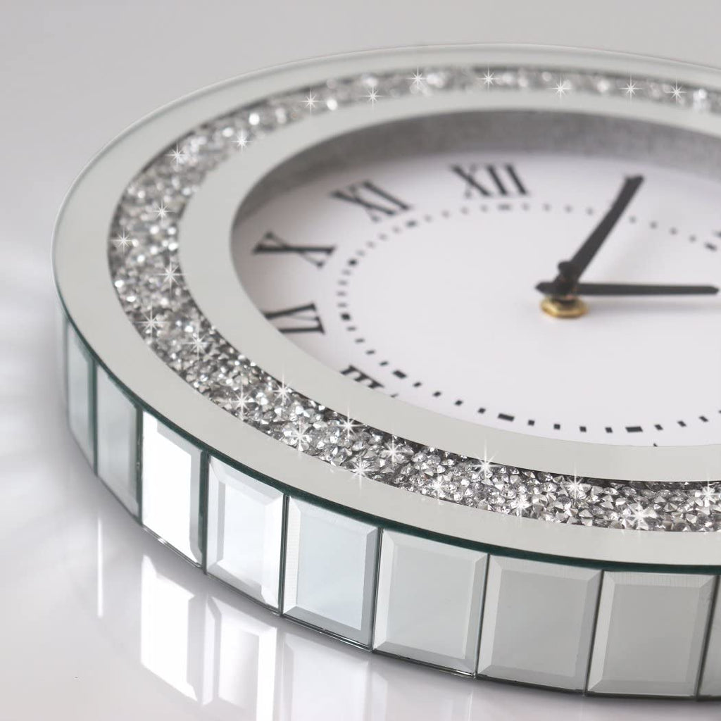Silver Round Mirror Clock 12inch Crystal Sparkle Twinkle Bling Crush Diamond Mirrored Wall Clock for Wall Decoration