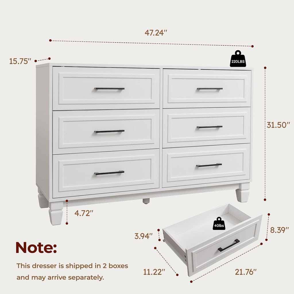 Farmhouse 6 Drawers Dresser , White Dressers with Unique Solid Wood Legs, Modern Wide Chest Dressers for Clothes