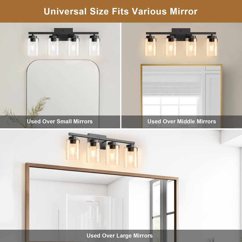 Modern Bathroom Light Fixtures, 4 Light Black Vanity Lights, Bathroom Lighting Fixtures Over Mirror with Clear Glass