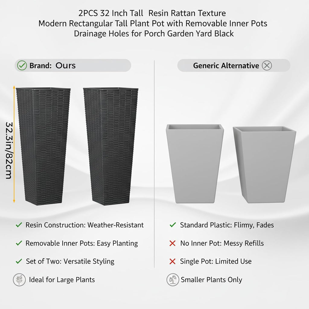 32" Tall Planter, Large Outdoor Planter Pot with Drainage | Outdoor Planter Set of 2,Removable Inner Pot,Resin