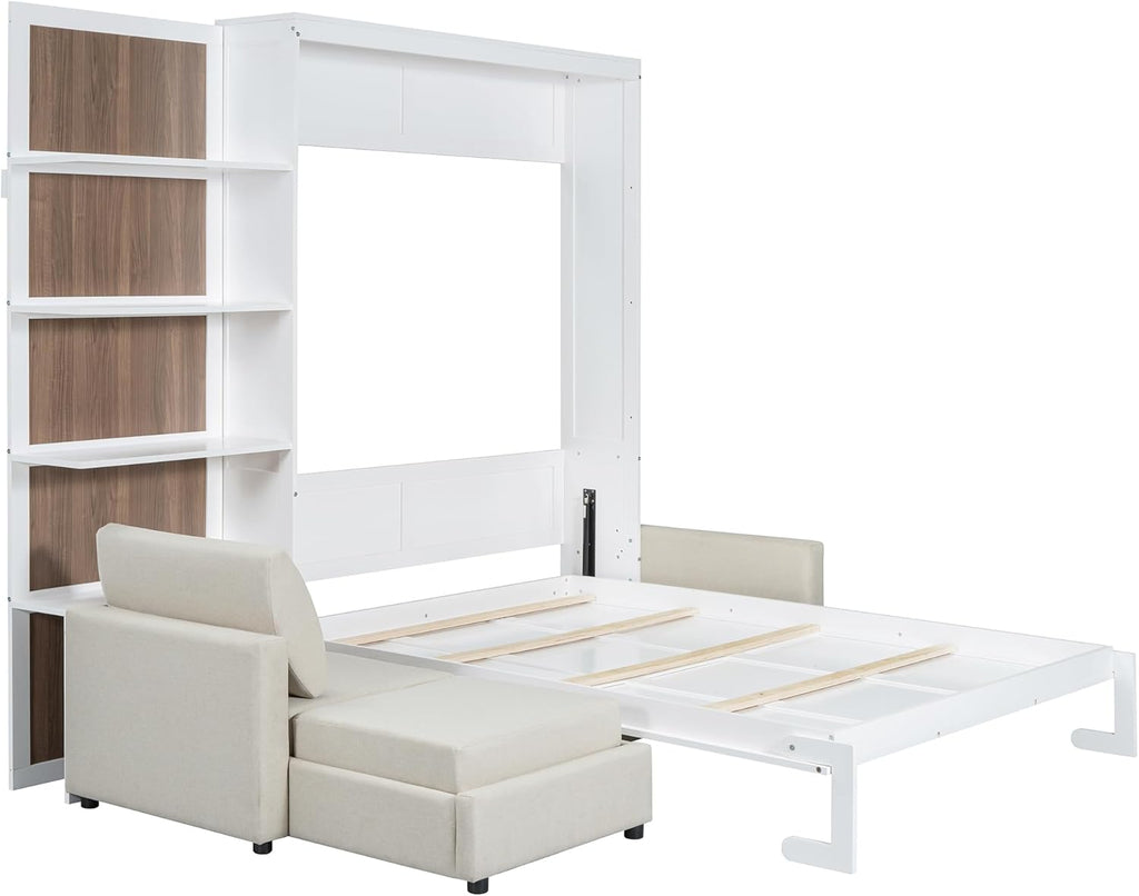 Queen Murphy Bed, Wood Queen Wall Bed with Sofa and Shelves, White
