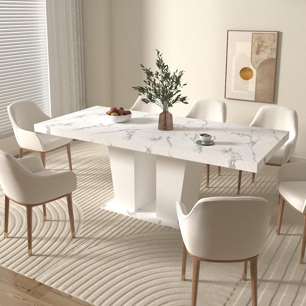 Extendable Dining Room Table for 6-10 Person, Modern Large Rectangular Kitchen Tables w/Dual Column Pedestal Base for Kitchen Living Room, White Marble