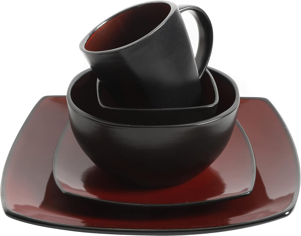 Soho Lounge Square Reactive Glaze Stoneware Dinnerware Set, Service for 8 (40pc), Red/Black