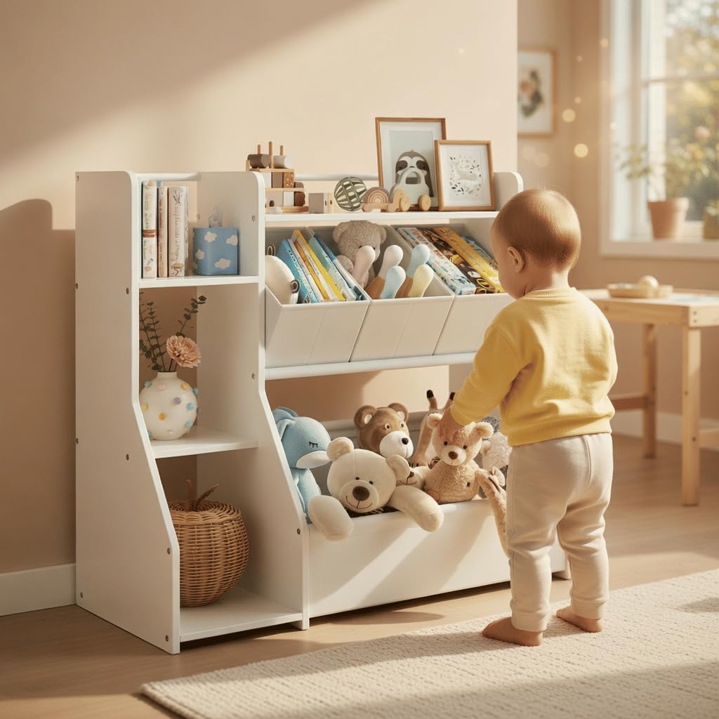 Kids Toy Storage Organizer with Bookshelf | Three-tier bookshelf and spacious toy bin encourage independent reading