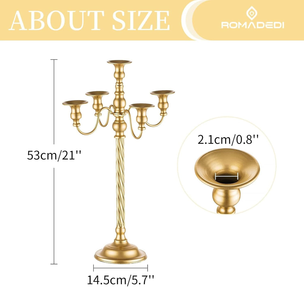 Candelabra Gold Candle Stand: 21'' Tall 5-Branch Candlestick Holderoliday Event Reception Decoration, Set of 2