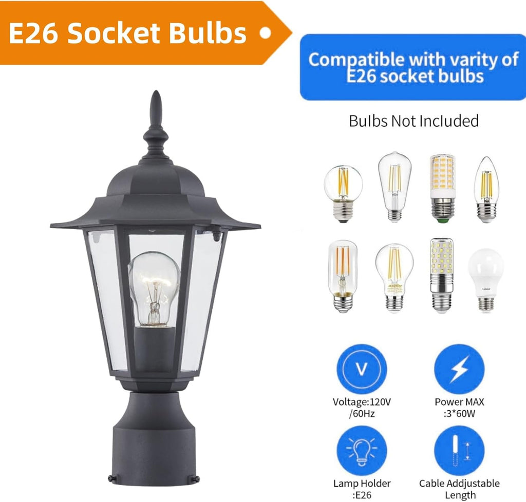 Outdoor Post Light, Pole Lantern, E26 Base 60W Max, Aluminum Housing Plus Glass, Wet Location Rated, ETL Qualified