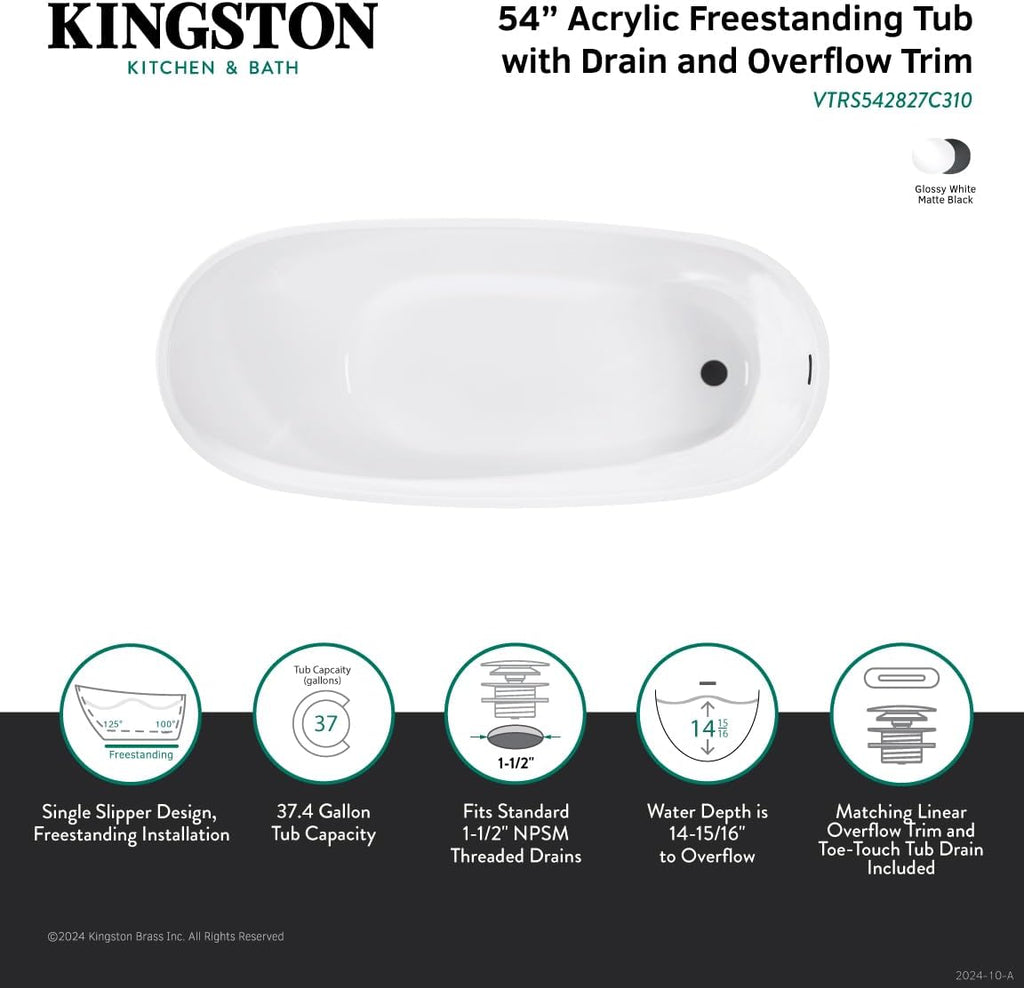 VTRS542827C310 54" Acrylic Oval Single Slipper Freestanding Tub with Drain, Glossy White/Matte Black
