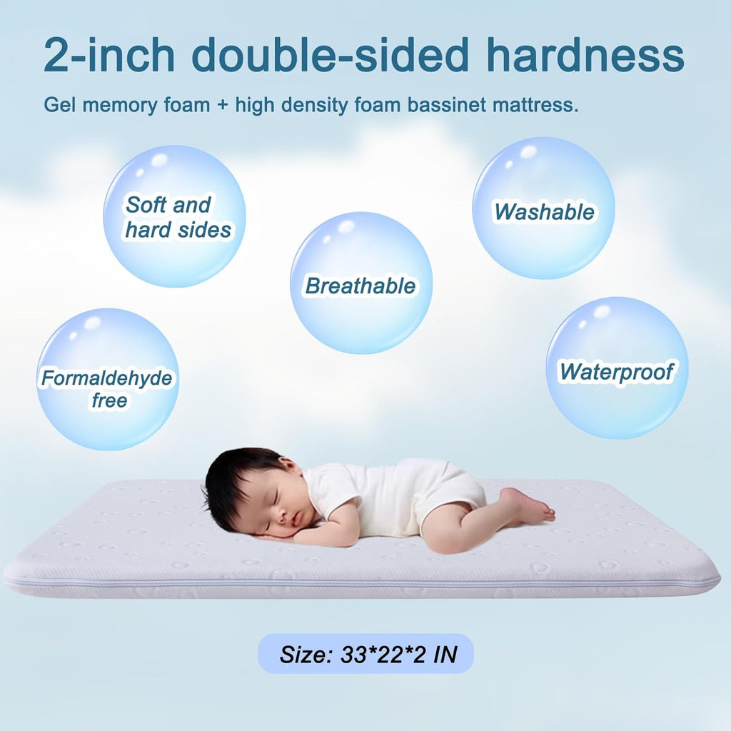 Baby Bassinet Mattress, 42" x 24" x 2" Dual Sided Gel Memory Foam Mattress with Breathable Removable Soft Cover Fit