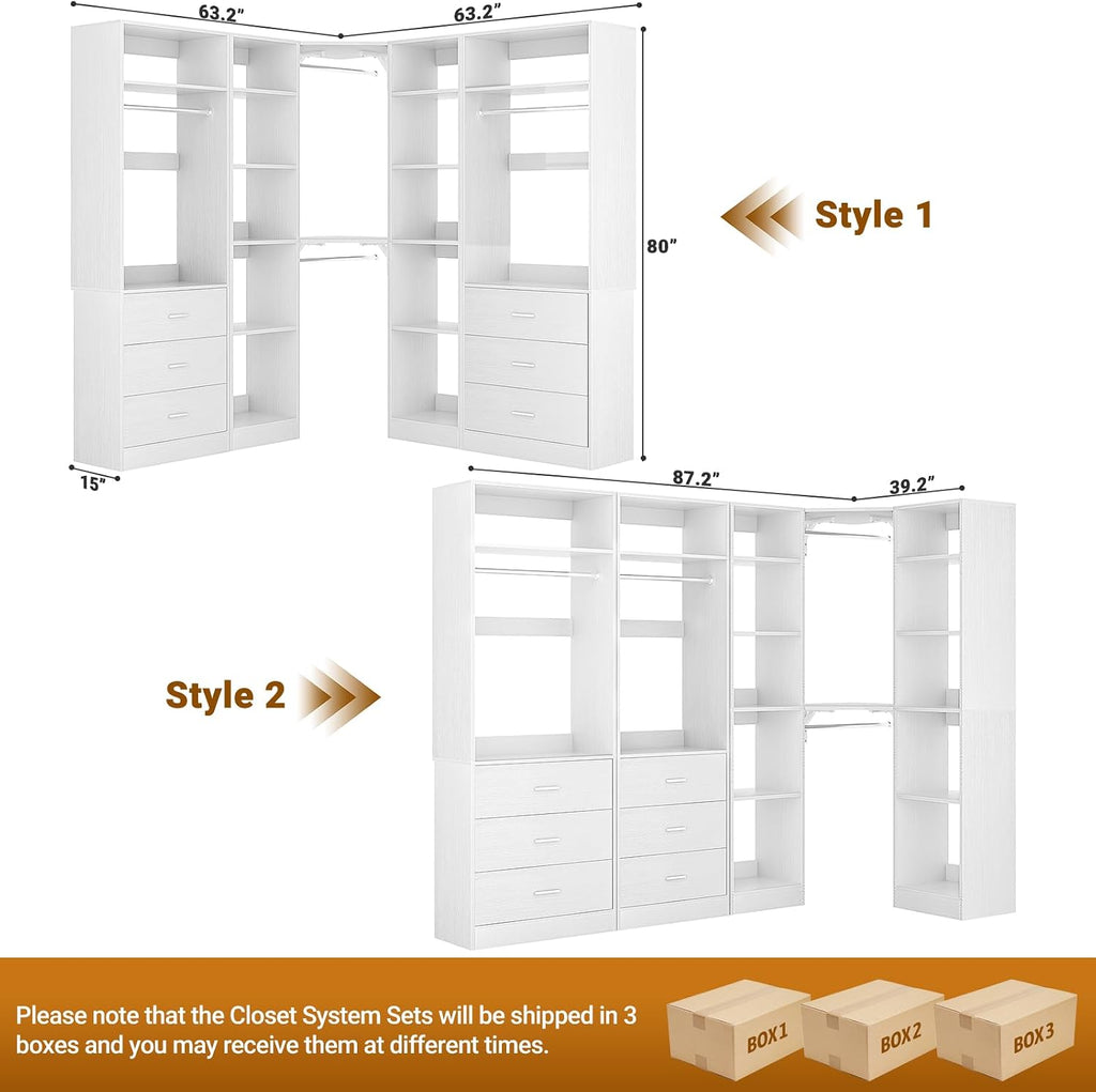 Corner Closet System with 6 Drawers, Corner Closet Organizer System | Reversible L Shaped Walk-in Closets with 14