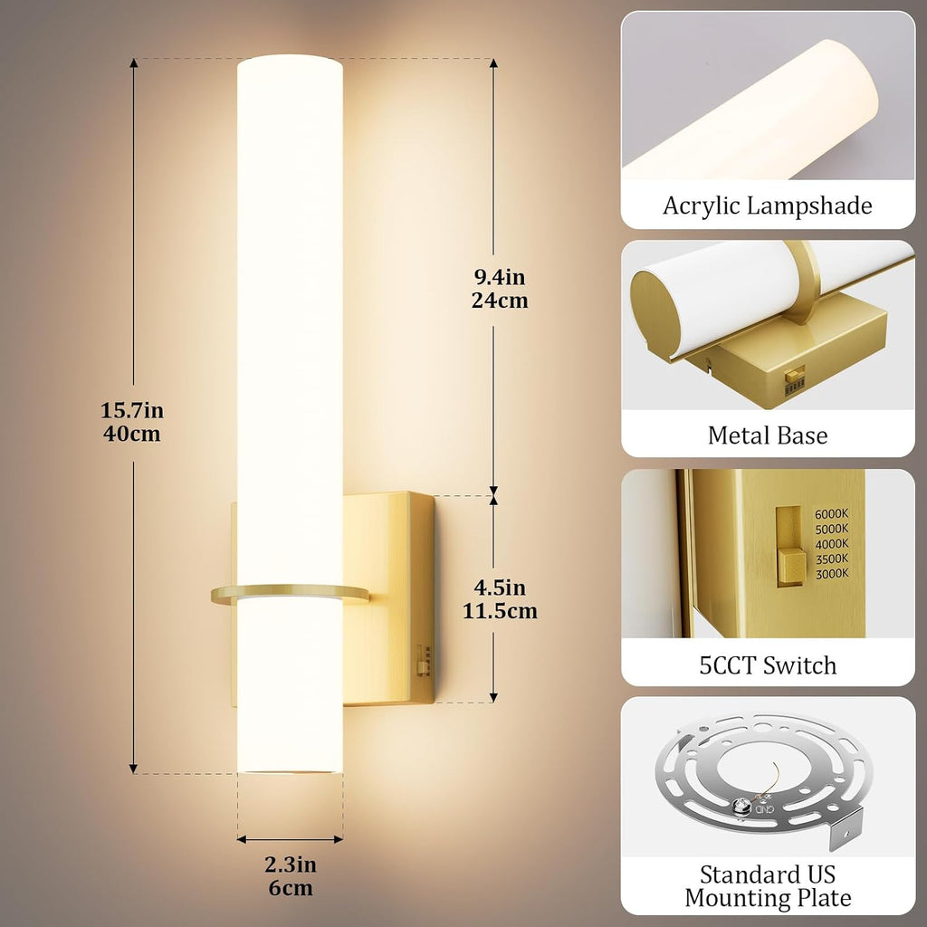 Hardwired Gold Wall Sconces Set of Two 5CCT Dimmable Modern Wall Sconce Bathroom Sconces UP and Down Wall Mount Light