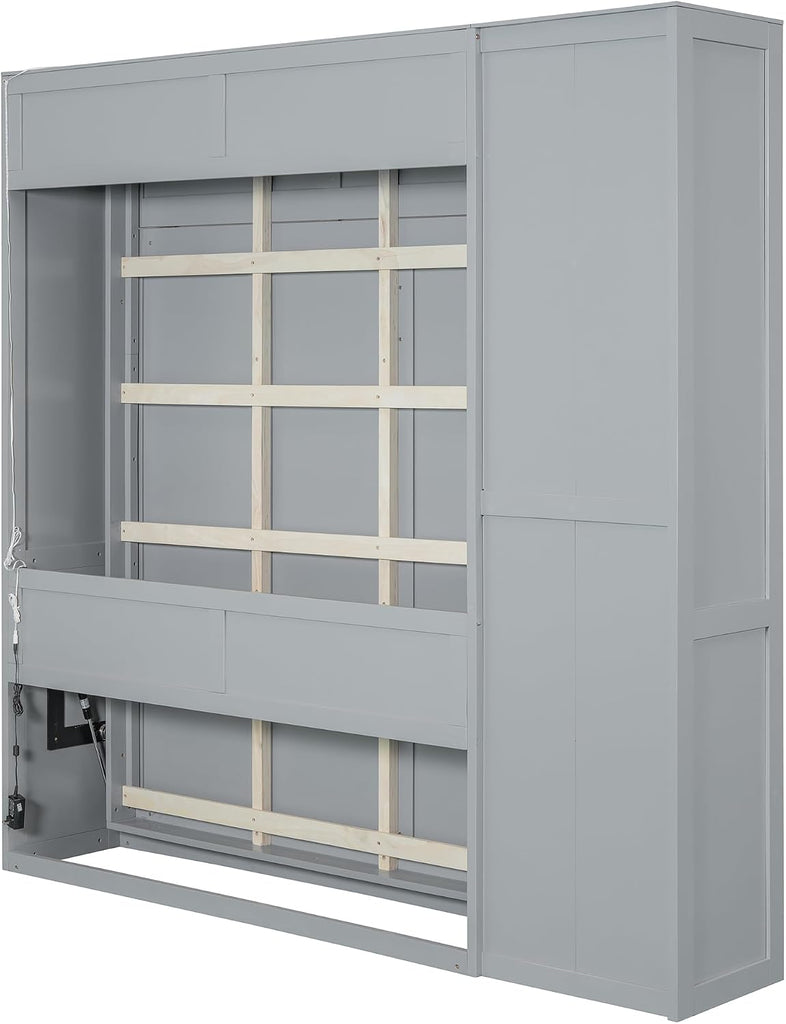 Full Murphy Bed Wall Bed with Shelves, Drawers and LED Lights,Gray