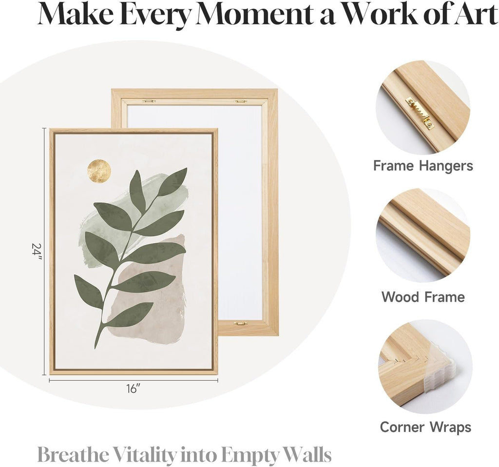 Large Framed Boho Sage Green Abstract Wall Art, 3 Piece Leaf Botanical Canvas Artworks Decor, Minimalist Geometric