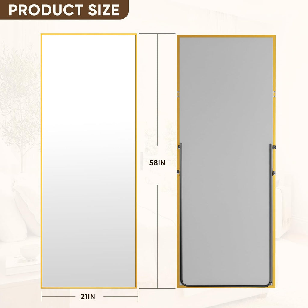 Full Length Mirror, 58"x21" Floor Mirror with Stand, Hanging Mounted Mirrors , Cloakroom, Dining Room, Gold, Rect