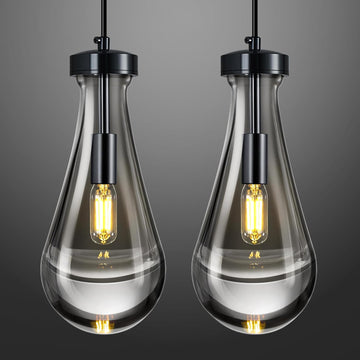 Raindrop Pendant Lights Kitchen Island Teardrop PlatingBlack Hanging Light Fixtures Clear Solid Glass Pendant Light Modern Chandeliers for Dining Room Porch Corridor Living Room(Black 2-Pack)