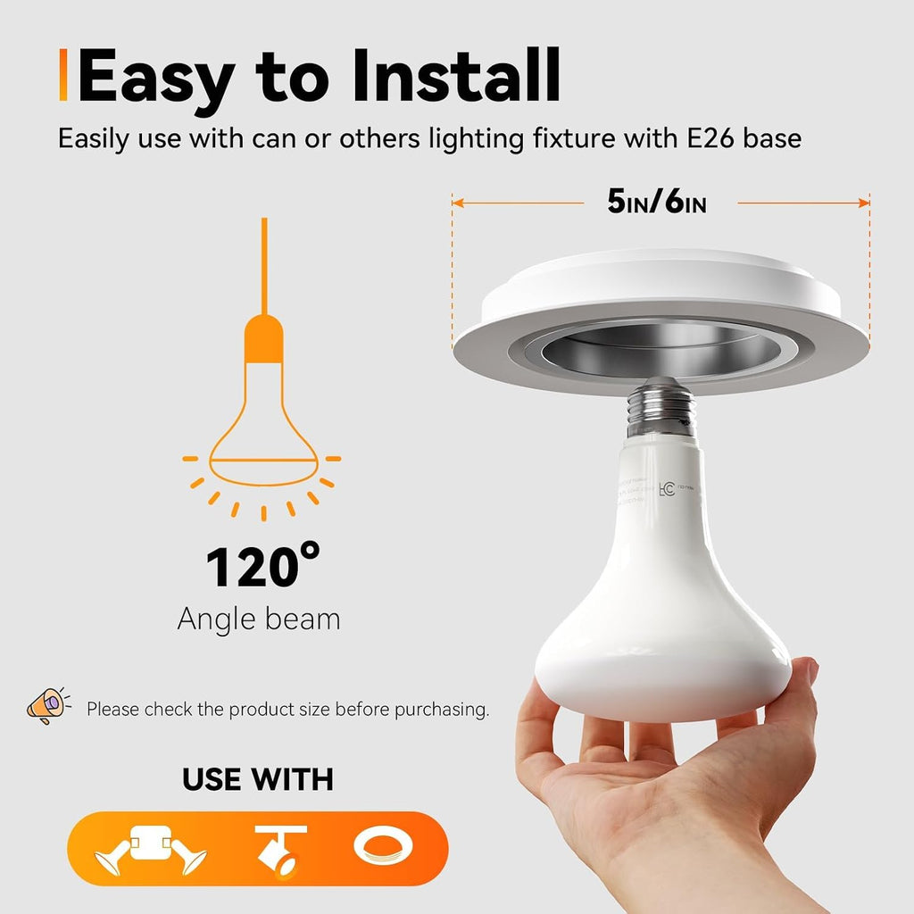 6 Pack BR30 Led Bulb 65W Equivalent, Dimmable LED Flood Light Indoor, E26 Base, 5000K Daylight, 9W, 800 LM, Recessed