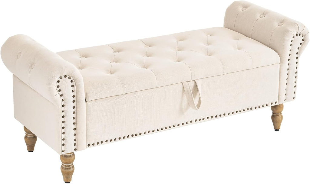 Storage Bedroom Bench for End of Bed, Faux Linen Upholstered Storage Ottoman with Rolled Arms , 2.5Cubic Feet
